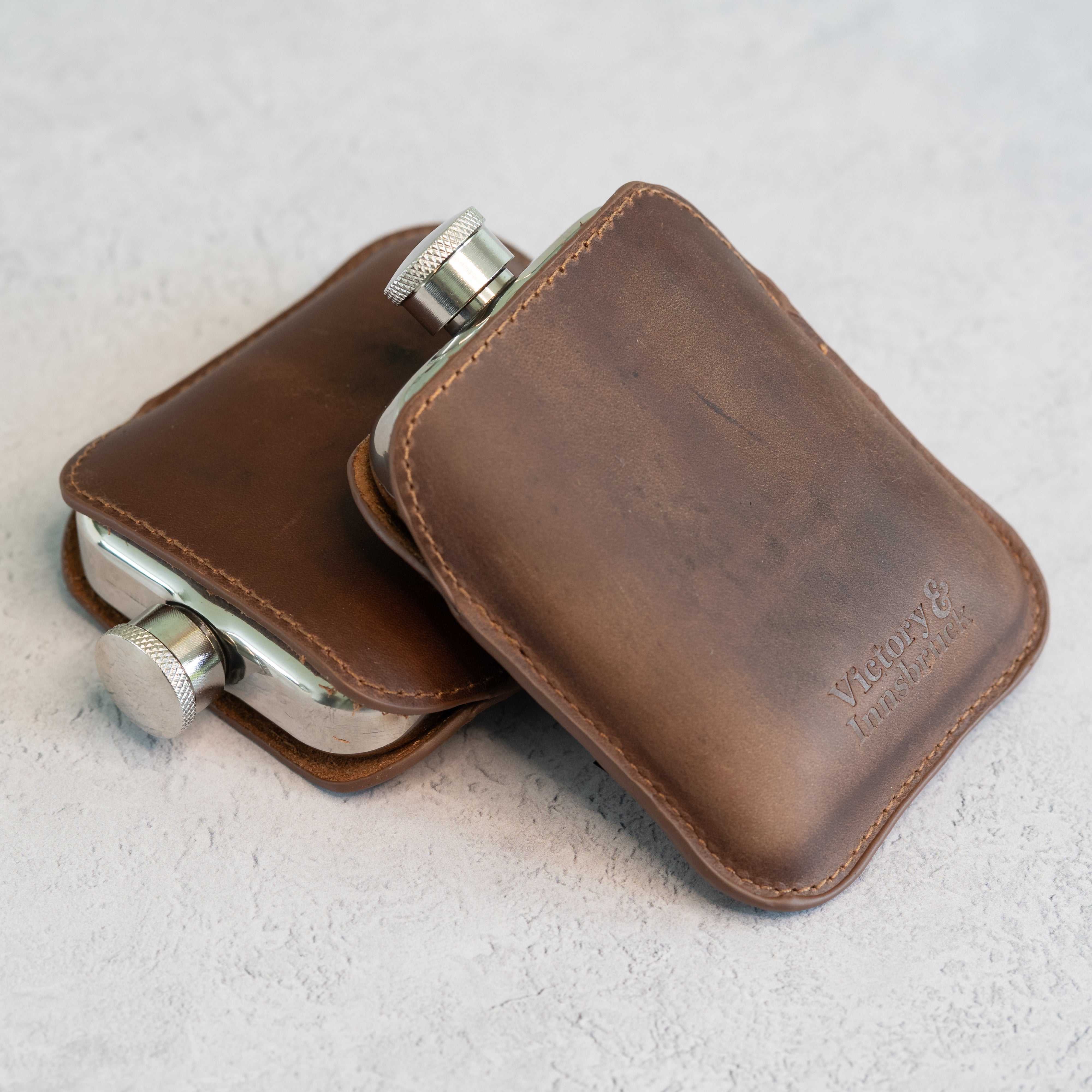 Full Grain Leather Cased Hip Flask Full Brown Leather Silver Flask