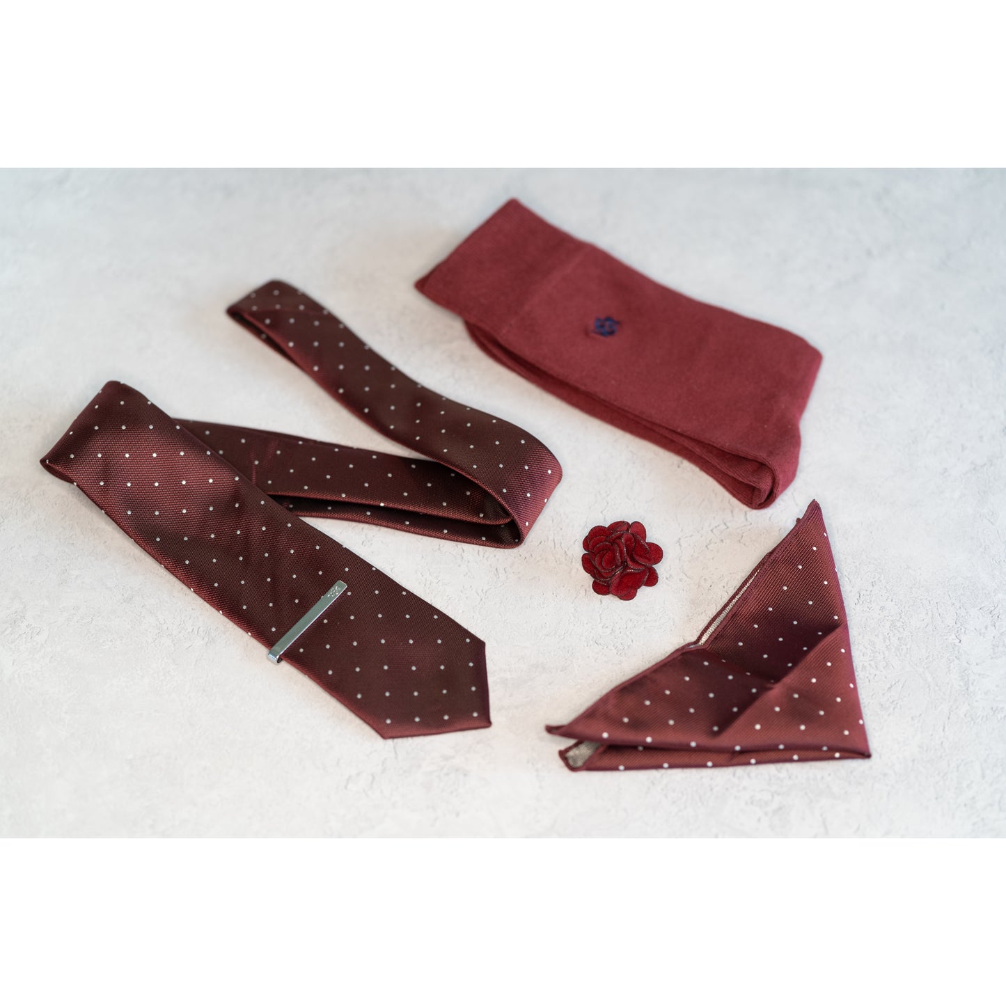 BURGUNDY RED POLKA DOT TIE SET