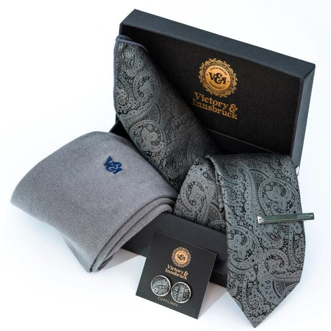 GREY PAISLEY TIE SET