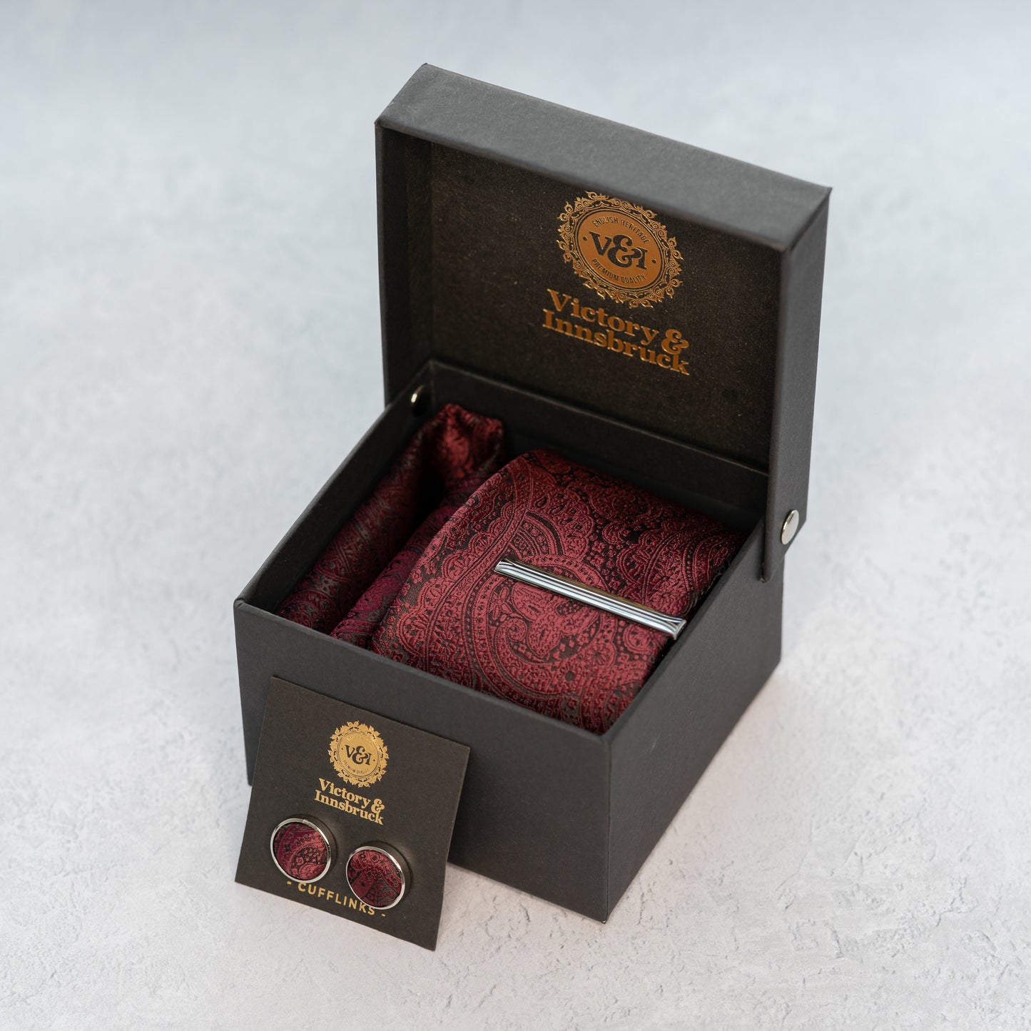 BURGUNDY RED PAISLEY TIE SET