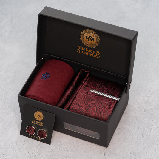 BURGUNDY RED PAISLEY TIE SET