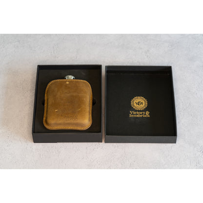 Full Grain Leather Cased Hip Flask | Full Tan Brown Leather | Silver Flask