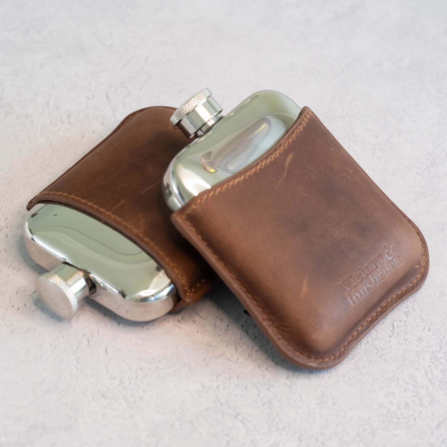 Full Grain Leather Cased Hip Flask | 3/4 Brown Leather | Silver Flask