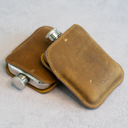 Full Grain Leather Cased Hip Flask | Full Tan Brown Leather | Silver Flask