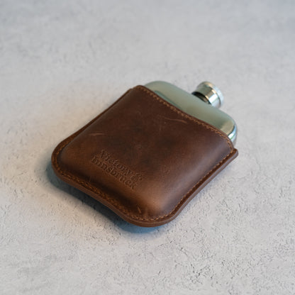 Full Grain Leather Cased Hip Flask | 3/4 Brown Leather | Silver Flask