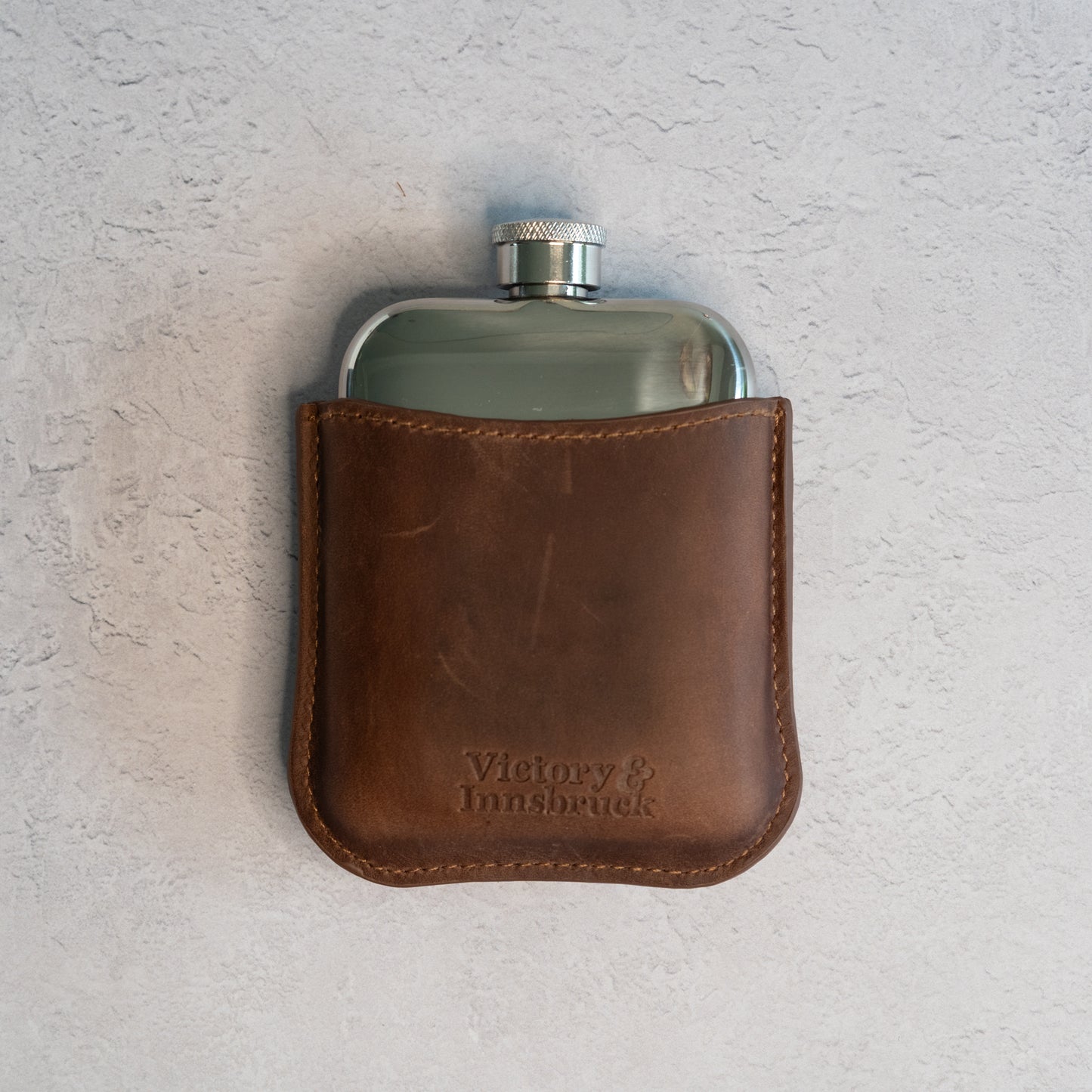 Full Grain Leather Cased Hip Flask | 3/4 Brown Leather | Silver Flask