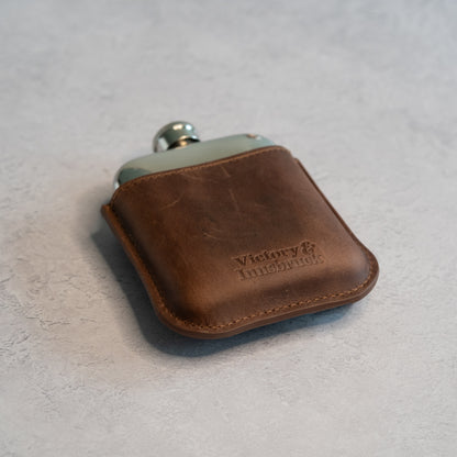 Full Grain Leather Cased Hip Flask | 3/4 Brown Leather | Silver Flask