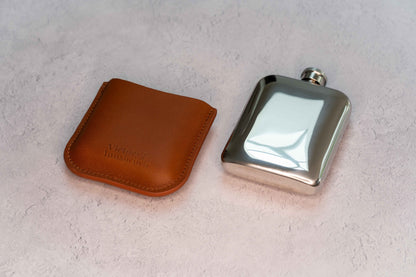 Full Grain Leather Cased Hip Flask | 3/4 Cognac Leather | Silver Flask