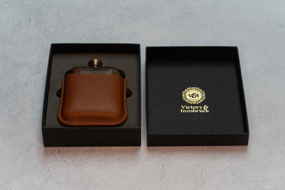Full Grain Leather Cased Hip Flask | 3/4 Cognac Leather | Copper Flask
