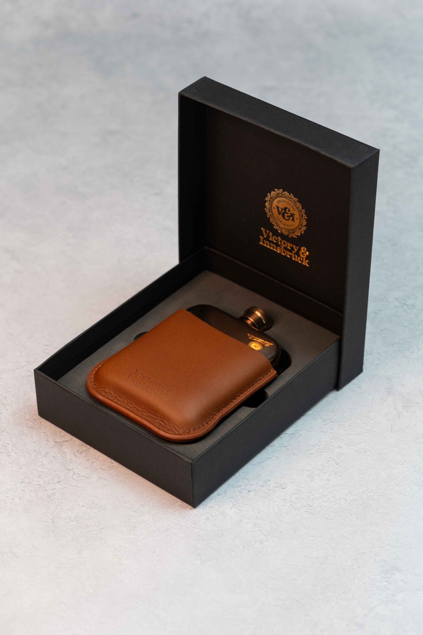 Full Grain Leather Cased Hip Flask | 3/4 Cognac Leather | Copper Flask