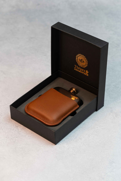 Full Grain Leather Cased Hip Flask | 3/4 Cognac Leather | Copper Flask