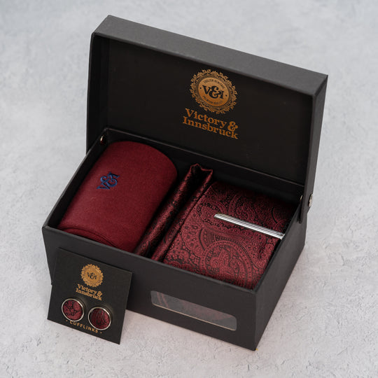 BURGUNDY RED PAISLEY TIE SET